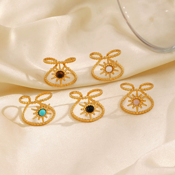 Wholesale Stainless Steel Ring With Natural Stone Inlay French Retro Style Twelve Star Design Gold Plated