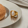 Wholesale Stainless Steel Ring With Pearl Hammered Texture Geometric Pattern 18K Gold Electroplated For Women