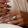 Wholesale Stainless Steel Ring With Pearl Hammered Texture Geometric Pattern 18K Gold Electroplated For Women