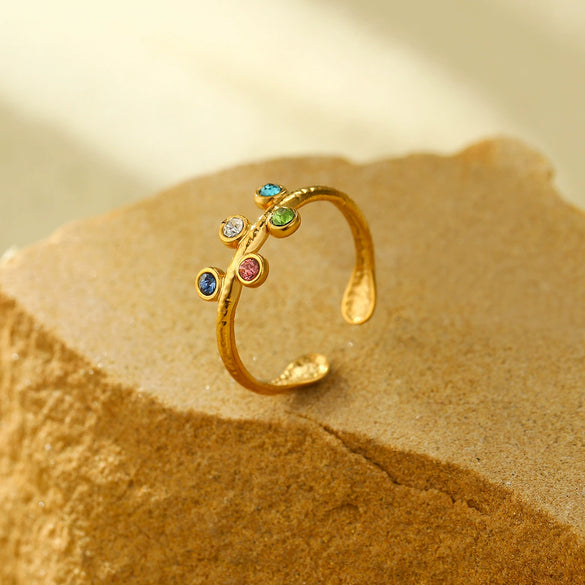 Wholesale Stainless Steel Round Colored Diamond Opening Ring Electroplated Light Luxury Style For Women