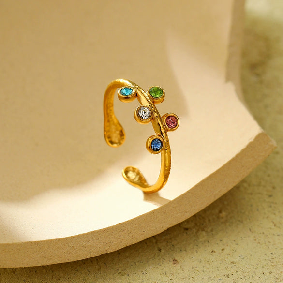 Wholesale Stainless Steel Round Colored Diamond Opening Ring Electroplated Light Luxury Style For Women