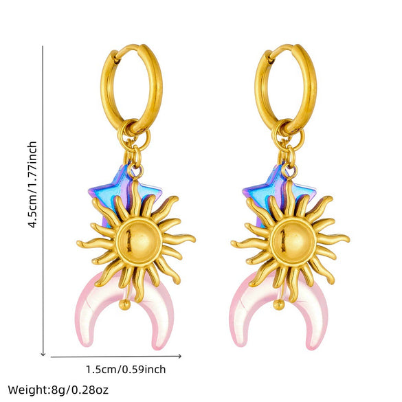 Wholesale Stainless Steel Round Earrings With Goldplated Star Moon Sun Pendant In Simple Style