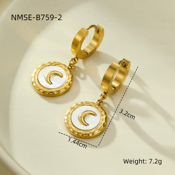 Wholesale Stainless Steel Shell Moon Pendant Necklace And Earrings Retro Fashion Electroplated