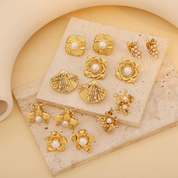 Wholesale Stainless Steel Shell Shape Inlaid Pearl Earrings With Electroplating For Women Fashion Ol Style