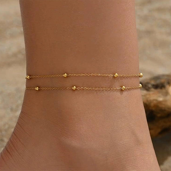 Wholesale Stainless Steel Simple Style Doublelayer Bead Chain Anklet With Letters Numbers Text Pattern For Women