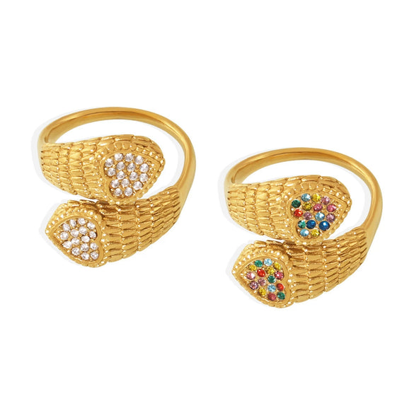 Wholesale 316L Stainless Steel Snake Pattern Double Love Handinlaid Colorful Zircon Ring Pvd Electroplated For Women
