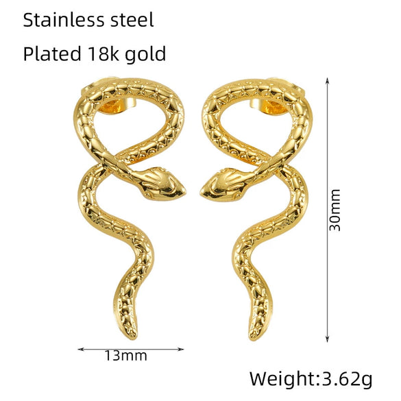 Wholesale 316L Stainless Steel Snakeshaped Earrings 18K Gold Plated Animal Style