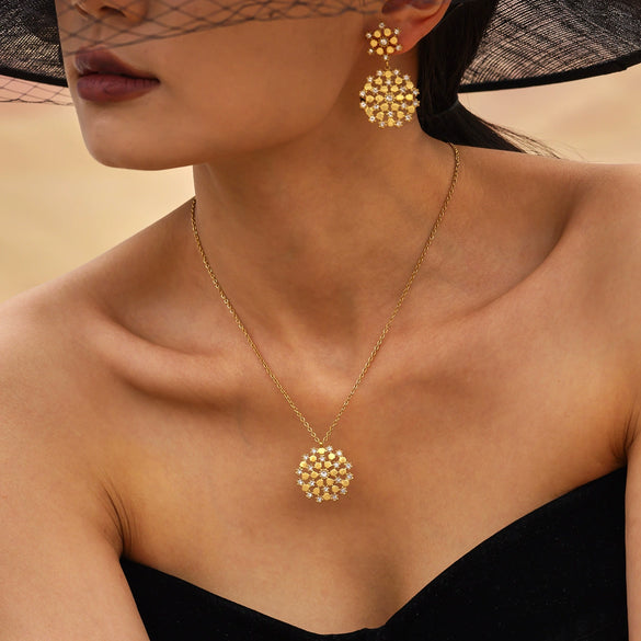 Wholesale Stainless Steel Snowflake Earrings Ring Necklace Suit With Imported Czech Rhinestone And 18K True Gold Color Electroplating For Women