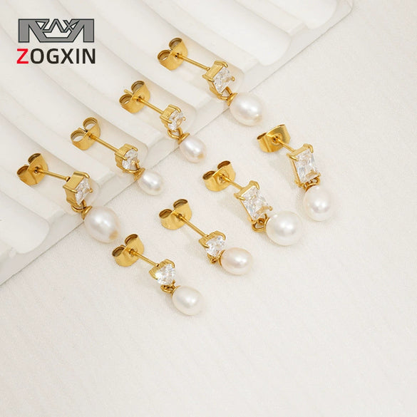 Wholesale Stainless Steel Square Geometric Ins Style Earrings With Natural Freshwater Pearl And 18K Gold Zircon For Women