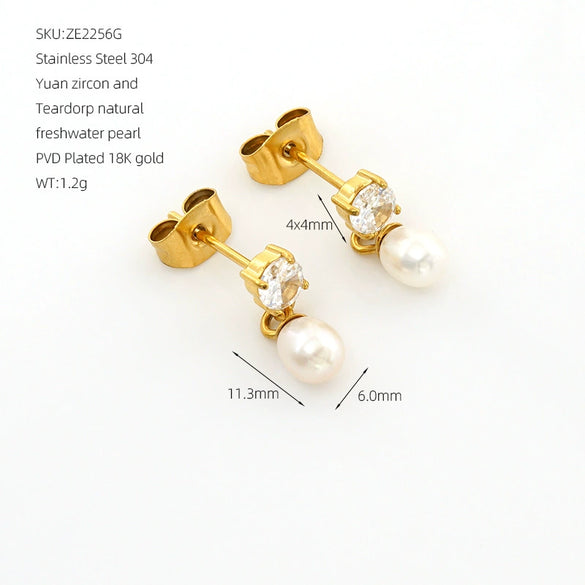 Wholesale Stainless Steel Square Geometric Ins Style Earrings With Natural Freshwater Pearl And 18K Gold Zircon For Women