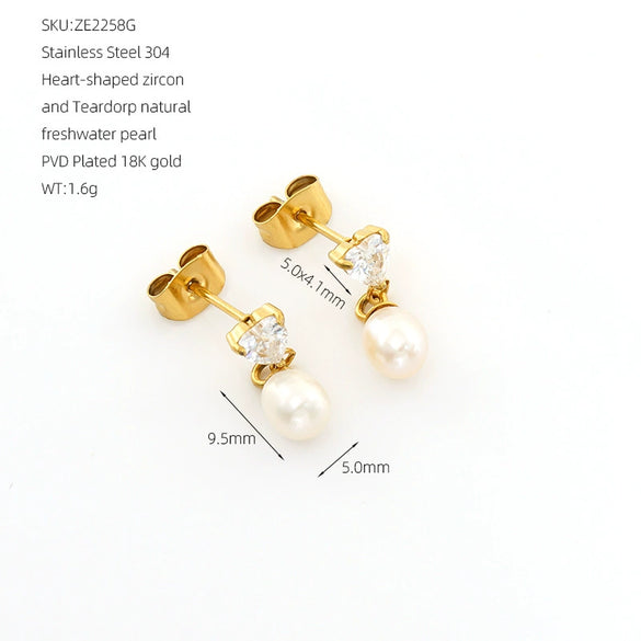 Wholesale Stainless Steel Square Geometric Ins Style Earrings With Natural Freshwater Pearl And 18K Gold Zircon For Women