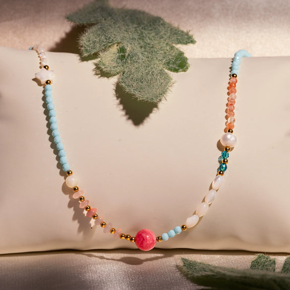 Wholesale Stainless Steel Stacked Millet Beads Leaf Crystal Natural Stone Pearls Fashion Clavicle Necklace For Women With Electroplating