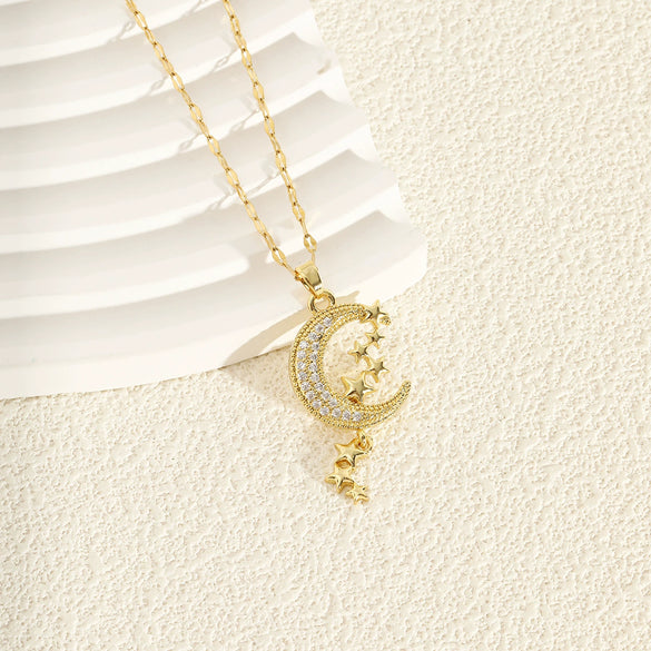 Wholesale Stainless Steel Star And Moon Necklace With Mixed Gemstone Setting Electroplating Design For Women