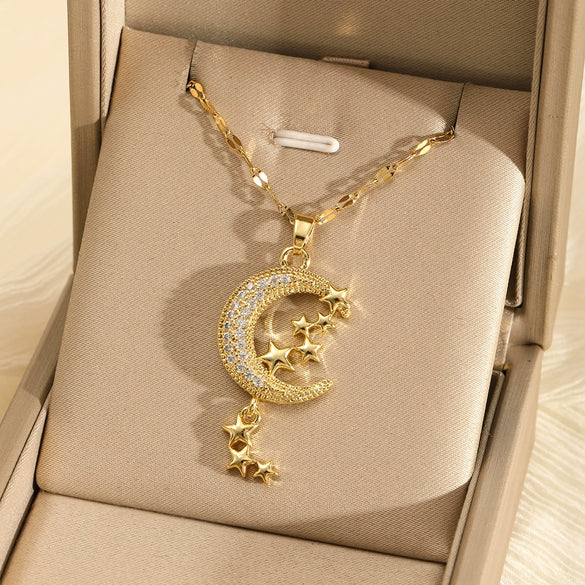 Wholesale Stainless Steel Star And Moon Necklace With Mixed Gemstone Setting Electroplating Design For Women