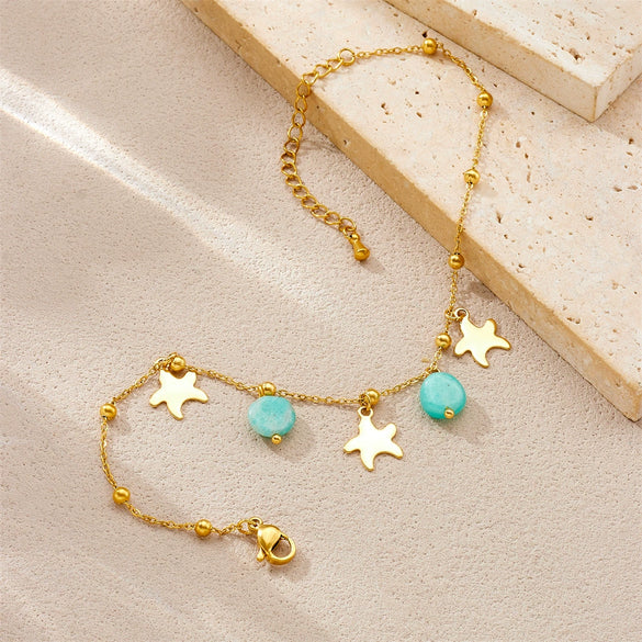 Wholesale Stainless Steel Star Pattern Goldplated Mint Green Stone Pendant Anklet Jewelry For Women