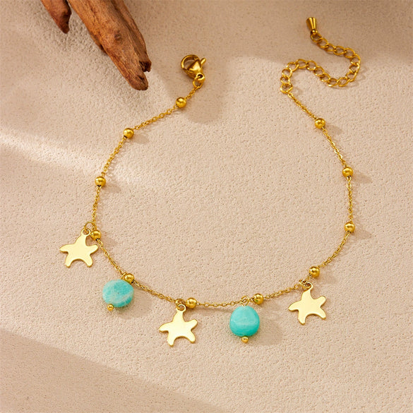 Wholesale Stainless Steel Star Pattern Goldplated Mint Green Stone Pendant Anklet Jewelry For Women