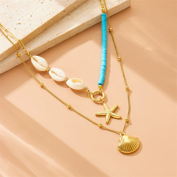 Wholesale Stainless Steel Starfish And Scallop Pendant Necklace With Animal Zodiac Pattern Electroplated For Women