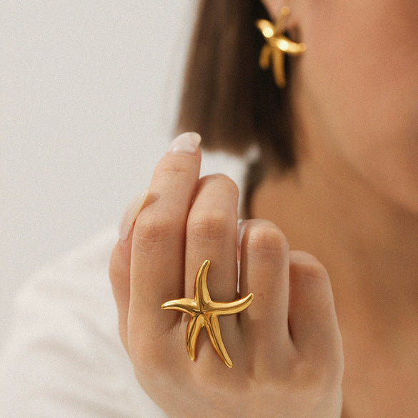 Wholesale Stainless Steel Starfish Open Ring Ins Ocean Style Animal Geometric Pattern Electroplated Hand Jewelry For Women