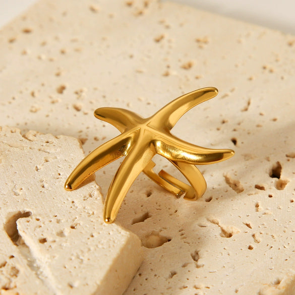 Wholesale Stainless Steel Starfish Open Ring Ins Ocean Style Animal Geometric Pattern Electroplated Hand Jewelry For Women