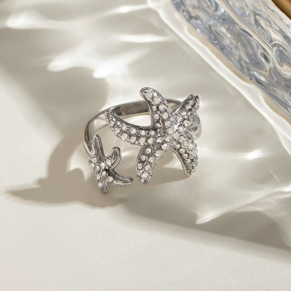 Wholesale Stainless Steel Starfish Opening Ring Jewelry Diamondencrusted Electroplated For Women