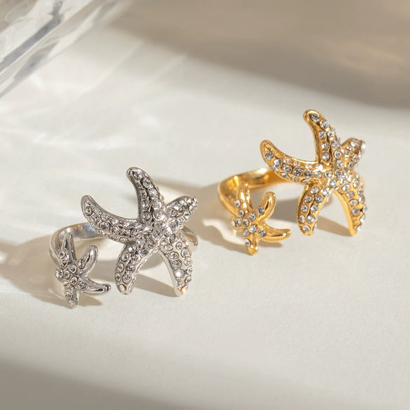 Wholesale Stainless Steel Starfish Opening Ring Jewelry Diamondencrusted Electroplated For Women