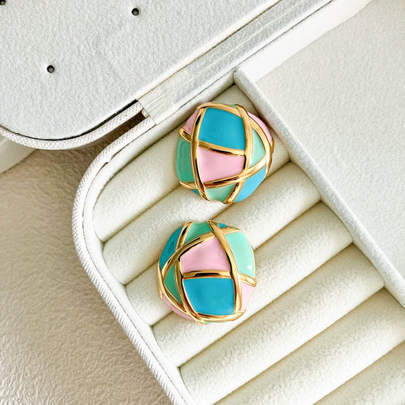 Wholesale Stainless Steel Stud Earrings Light Luxury Color Stitching Geometric Electroplated For Women