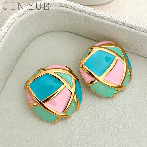 Wholesale Stainless Steel Stud Earrings Light Luxury Color Stitching Geometric Electroplated For Women