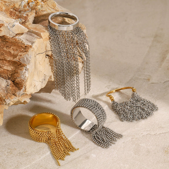 Wholesale Stainless Steel Tassel Ring With Geometric Design And 18K Gold Plated Electroplating For Women