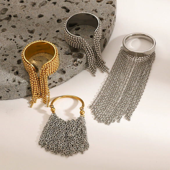 Wholesale Stainless Steel Tassel Ring With Geometric Design And 18K Gold Plated Electroplating For Women