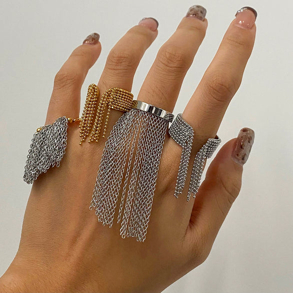 Wholesale Stainless Steel Tassel Ring With Geometric Design And 18K Gold Plated Electroplating For Women
