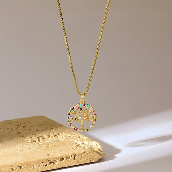 Wholesale Stainless Steel Tree Of Life Pendant Necklace With Mixed Gemstone Inlay And Box Chain Natural And Geometric Style Electroplated For Women