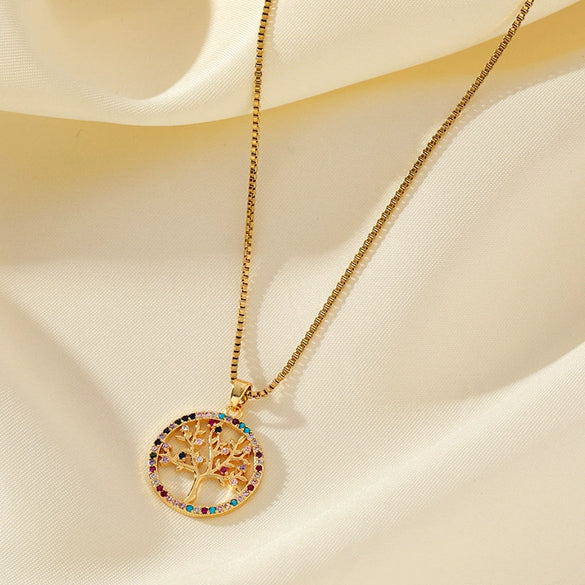 Wholesale Stainless Steel Tree Of Life Pendant Necklace With Mixed Gemstone Inlay And Box Chain Natural And Geometric Style Electroplated For Women