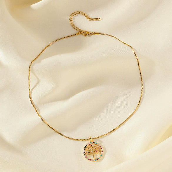 Wholesale Stainless Steel Tree Of Life Pendant Necklace With Mixed Gemstone Inlay And Box Chain Natural And Geometric Style Electroplated For Women