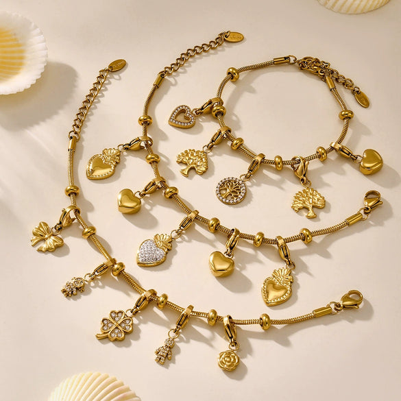 Wholesale Stainless Steel Tree Of Life Zircon Inlaid Geometric Pattern Diy Multiaccessory Bracelet 18K Real Gold Plated For Women