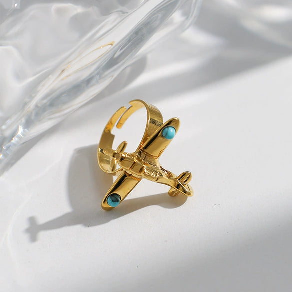 Wholesale Stainless Steel Turquoise Inlay Aircraft Opening Ring Electroplated Fashion Retro Jewelry Accessories For Women