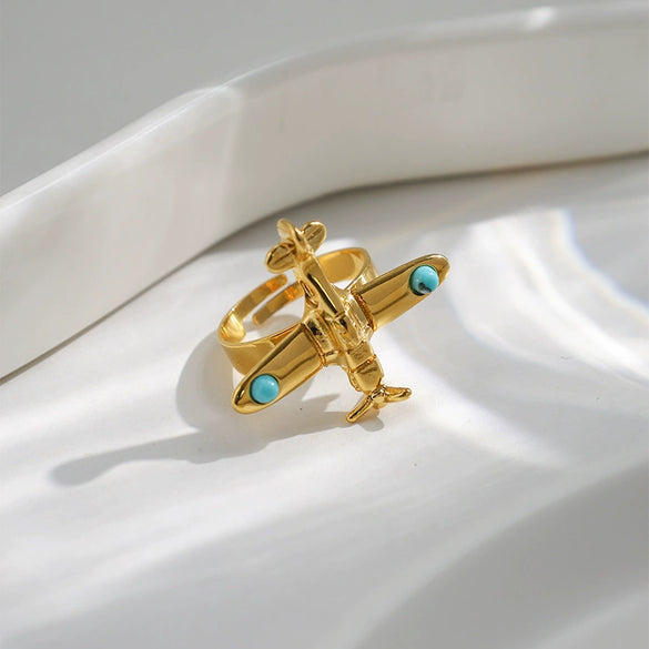 Wholesale Stainless Steel Turquoise Inlay Aircraft Opening Ring Electroplated Fashion Retro Jewelry Accessories For Women