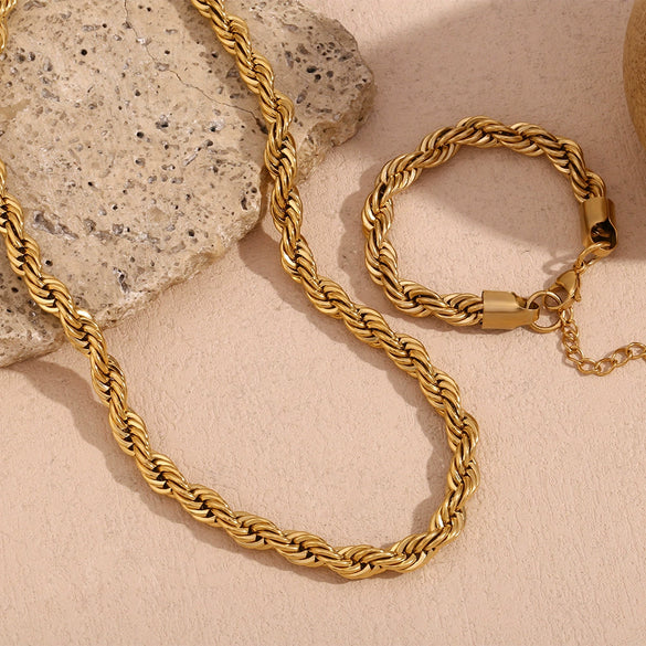 Wholesale Stainless Steel Twist Chain Necklace And Stackable Bracelet Set For Women 18K Gold Electroplated With Geometric Design