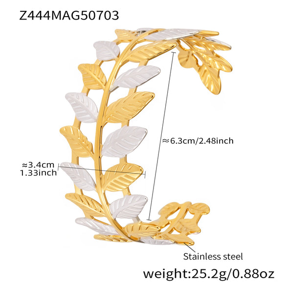 Wholesale Stainless Steel Twotone Leaf Open Bracelet Gold Plated Fashion Exaggerated Wide Version