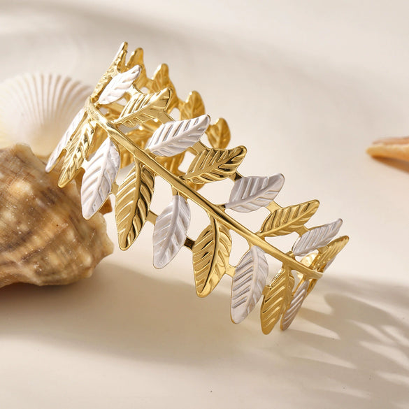 Wholesale Stainless Steel Twotone Leaf Open Bracelet Gold Plated Fashion Exaggerated Wide Version