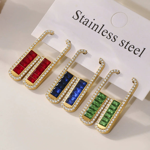 Wholesale Stainless Steel Ushaped Geometric Women's Earrings With Electroplating Process And Emerald Zircon