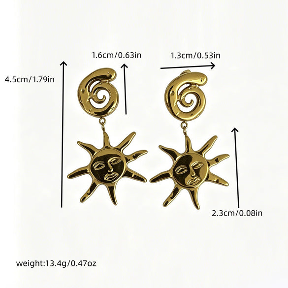 Wholesale Stainless Steel Vacuum Electroplated Geometric Shape Sun Pendant Earrings Retro Totem Style For Women