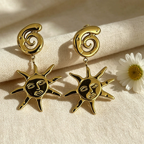 Wholesale Stainless Steel Vacuum Electroplated Geometric Shape Sun Pendant Earrings Retro Totem Style For Women