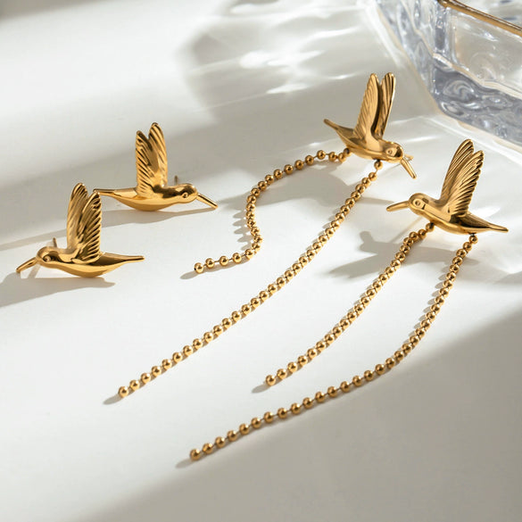 Wholesale Stainless Steel Vintage Geometric Bird Hollow Wings Bead Chain Tassel Ear Clip Earrings Jewelry