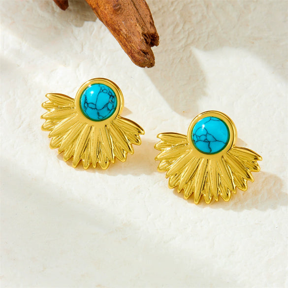 Wholesale Stainless Steel Vintage Geometric Fanshaped Goldplated Inlaid Blue Turquoise Earrings For Women