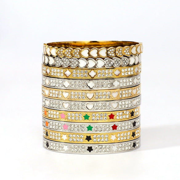 Wholesale Stainless Steel Waterproof Inlaid Zircon White Shell Full Diamond 18K Gold Color Bracelet With 18K Furnace Vacuum Plating