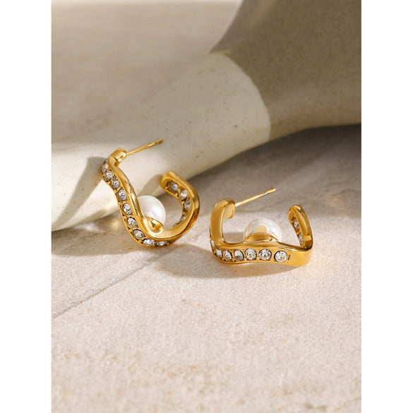 Wholesale Stainless Steel Wave Shape Diamond Beads Earrings With Electroplating For Women