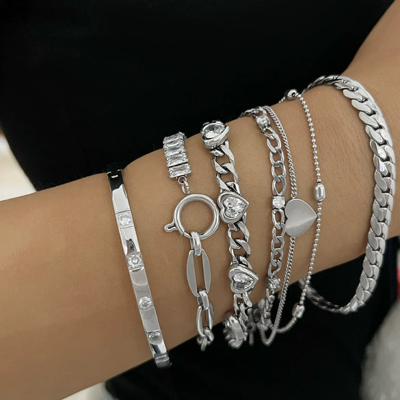 Wholesale Stainless Steel Women's Bracelet Set With Exaggerated Design Sense Wheat Chain Stitching Rhombus Pattern And Electroplating