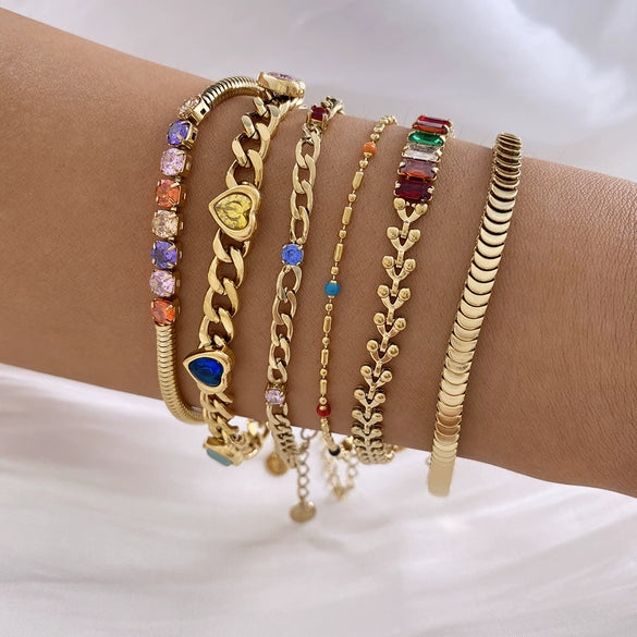 Wholesale Stainless Steel Women's Bracelet Set With Exaggerated Design Sense Wheat Chain Stitching Rhombus Pattern And Electroplating