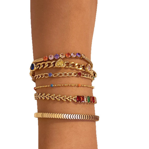 Wholesale Stainless Steel Women's Bracelet Set With Exaggerated Design Sense Wheat Chain Stitching Rhombus Pattern And Electroplating