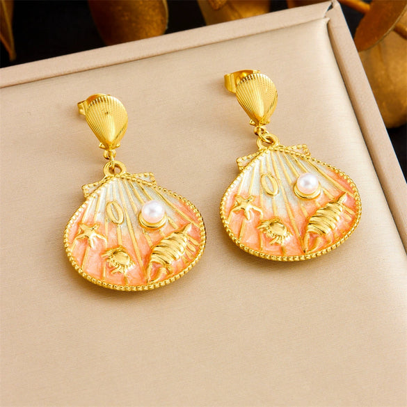 Wholesale Stainless Steel Women's Cartoon Geometric Dripping Oil Ocean Wind Pendant Earrings With Scallop Starfish Shell